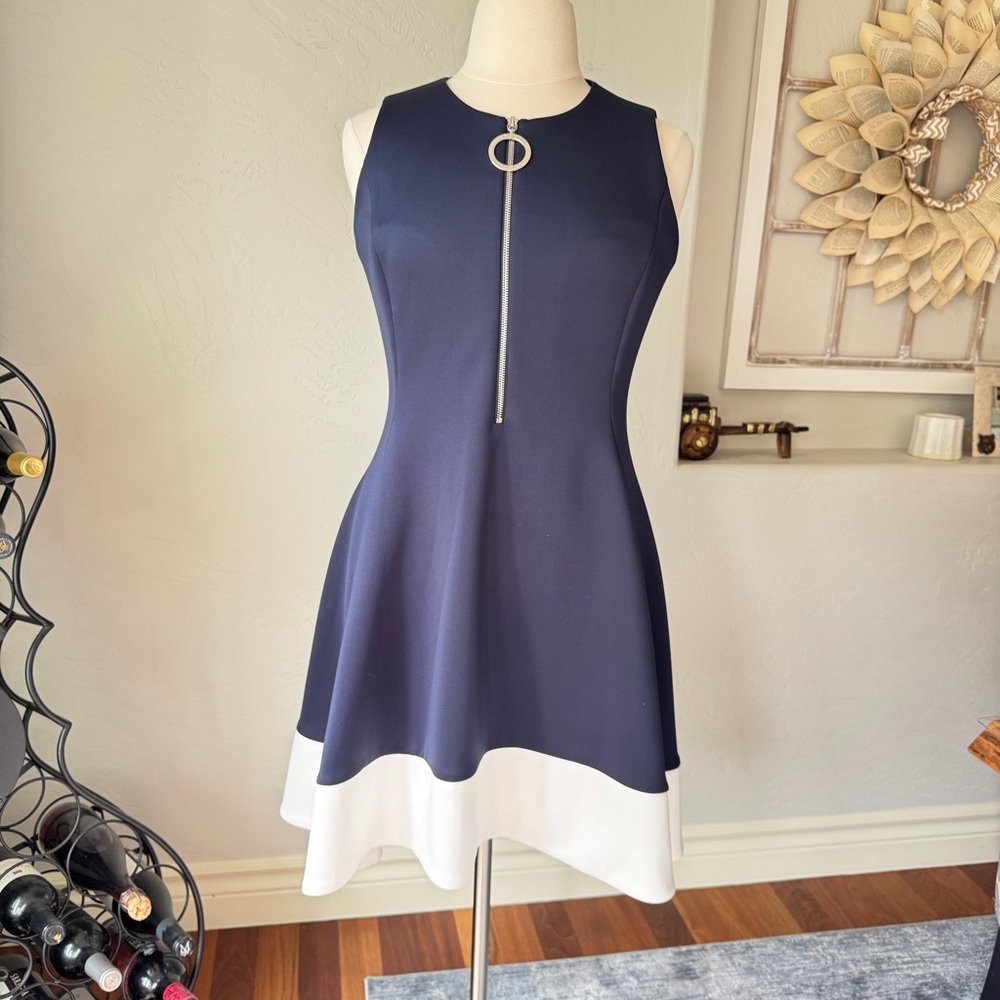 DKNY Women's Color Block Navy Blue & White Fit and Flare Midi Dress Size 14